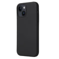 Black silicone case for iPhone 15 (6.1-inch) by 9eight5, shown on a sleek smartphone with a smooth, protective cover.