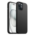 Black silicone case for iPhone 15 Plus (6.7”) by 9eight5, showing snug fit and smooth texture.