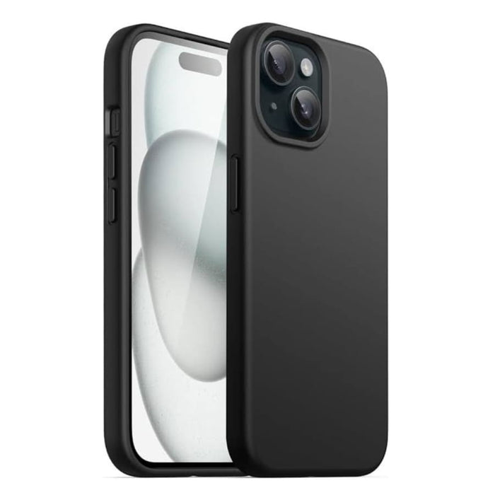 Black silicone case for iPhone 15 Plus (6.7”) by 9eight5, showing snug fit and smooth texture.