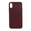 Maroon silicone case for iPhone X and XS by 9eight5, showing the textured soft-touch exterior and precise cutouts for buttons and camera.