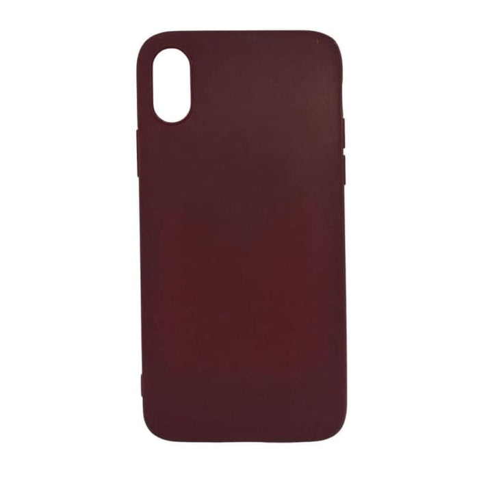 Maroon silicone case for iPhone X and XS by 9eight5, showing the textured soft-touch exterior and precise cutouts for buttons and camera.