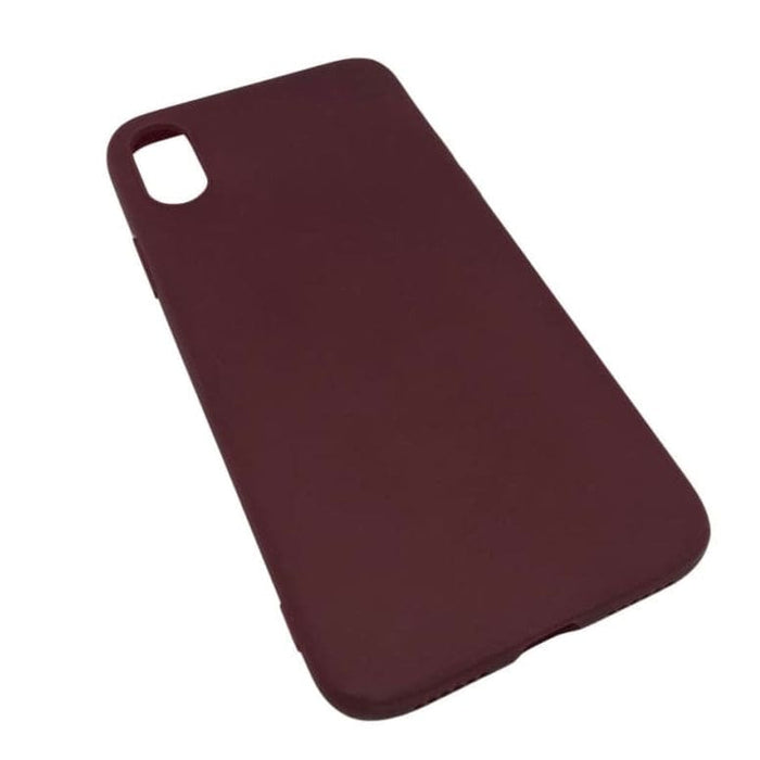 Maroon silicone iPhone X/XS case by 9eight5 showing soft, flexible protective cover with precise cutouts for buttons and camera.