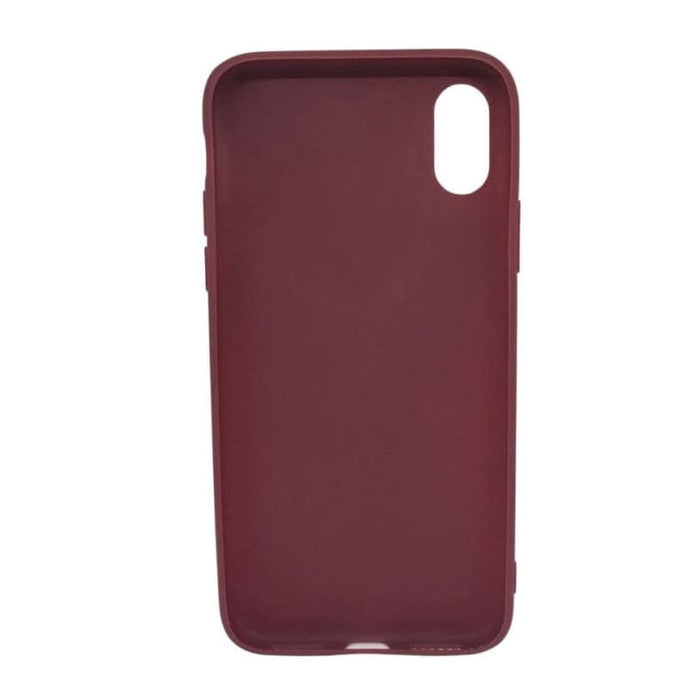 Maroon silicone case for iPhone X / XS by 9eight5, showing a close-up of the soft, flexible protective phone cover.