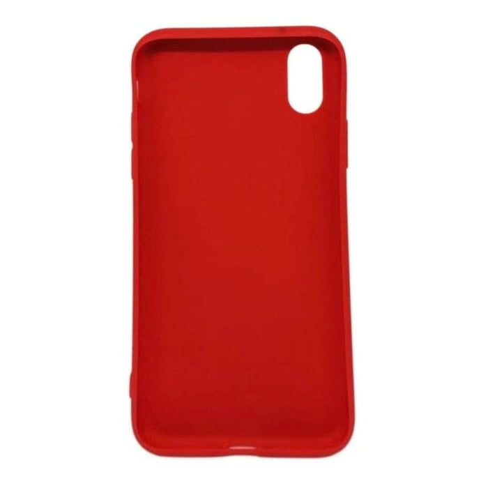 Red silicone phone case for iPhone X/XS by 9eight5, showing a slim protective design with precise cutouts and soft matte finish.