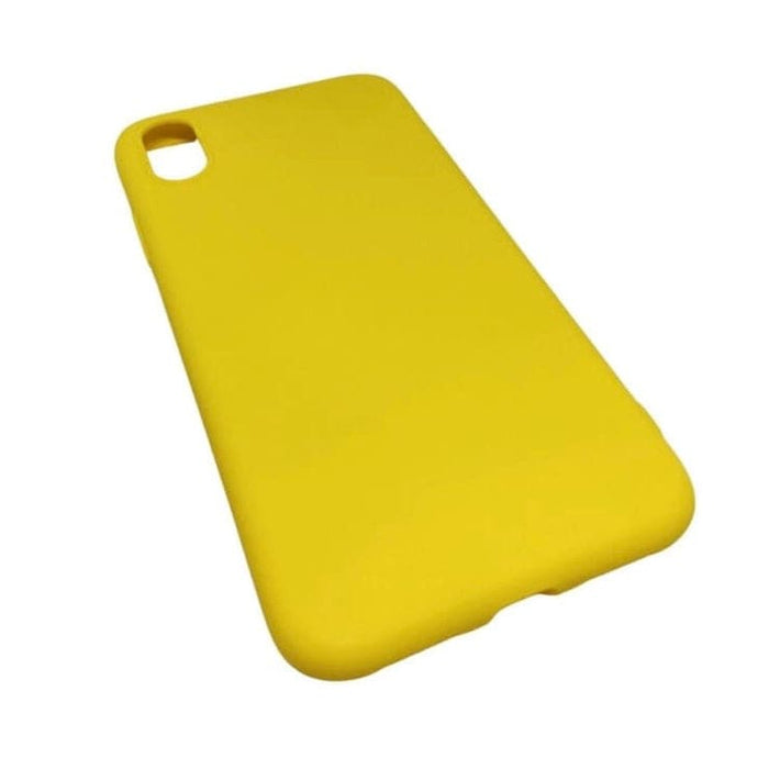 Yellow silicone phone case for iPhone X/XS by 9eight5, showing a smooth, flexible protective cover on the device.