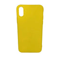 Yellow silicone phone case for iPhone X/XS by 9eight5, showing a snug fit with smooth texture and precise cutouts.