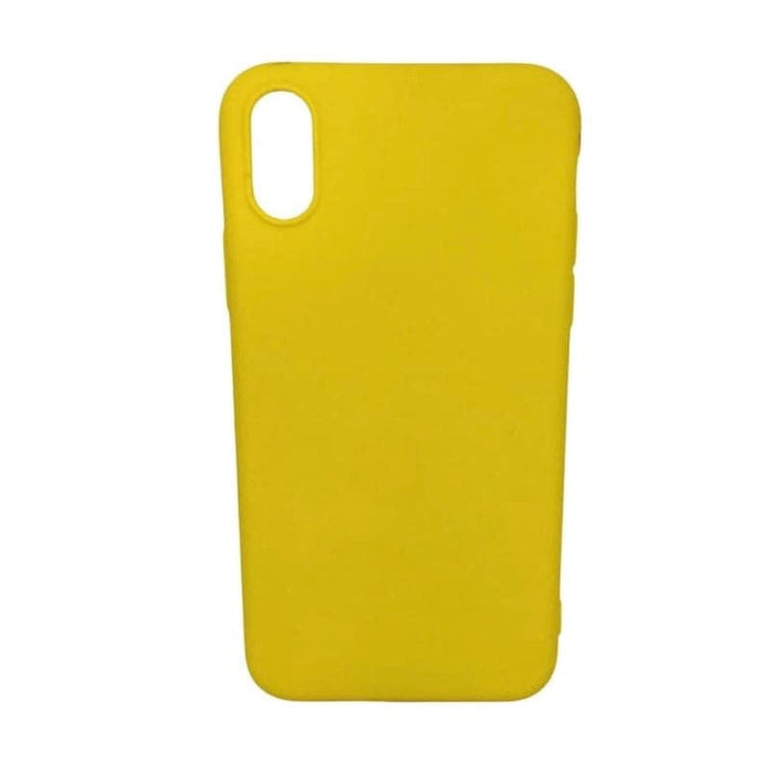 Yellow silicone phone case for iPhone X/XS by 9eight5, showing a snug fit with smooth texture and precise cutouts.