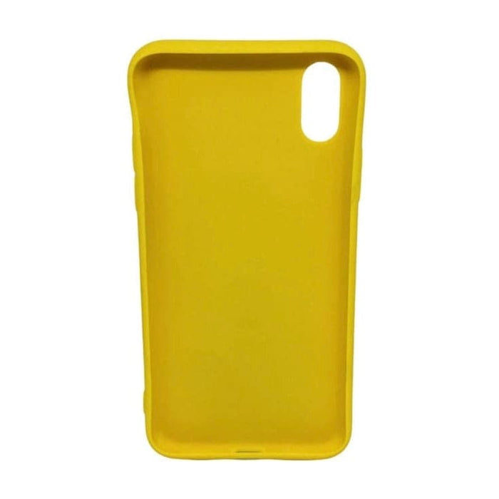 Yellow silicone case for iPhone X/XS by 9eight5, showing a close-up of the soft, flexible phone cover with textured surface.