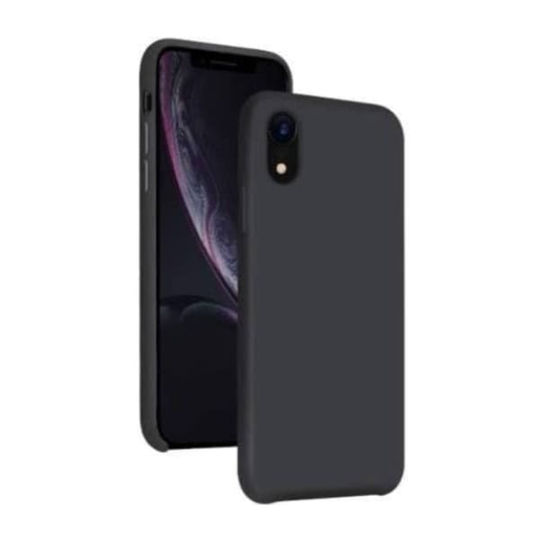 Black silicone case for iPhone XR by 9eight5, showing a snug fit and smooth texture on the phone.