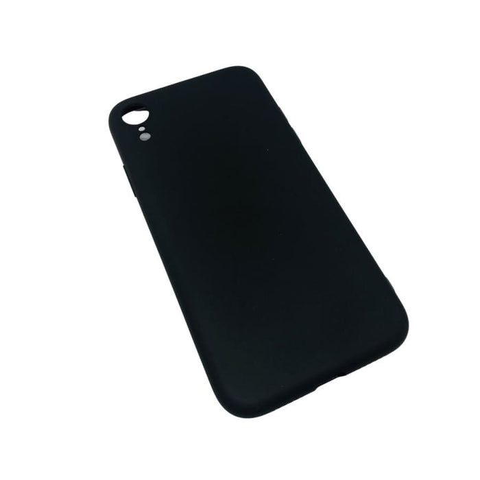 Black silicone case for iPhone XR by 9eight5, showing sleek protective design and easy grip texture.