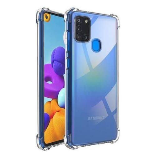 Clear silicone case for Samsung Galaxy A21s by 9eight5, showing a slim, flexible protective cover with precise cutouts.