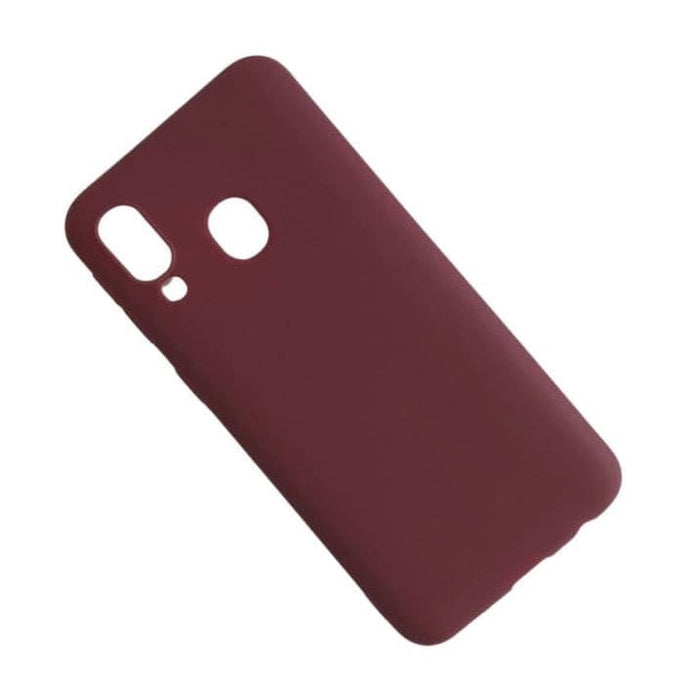 Maroon silicone case for Samsung Galaxy A40 by 9eight5, showing the textured soft-touch exterior and precise cutouts for buttons and ports.