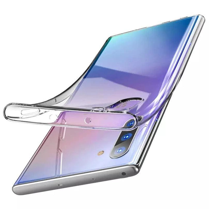 Clear silicone phone case for Samsung Galaxy Note 10 Plus by 9eight5, showing the slim, flexible design and transparent material.