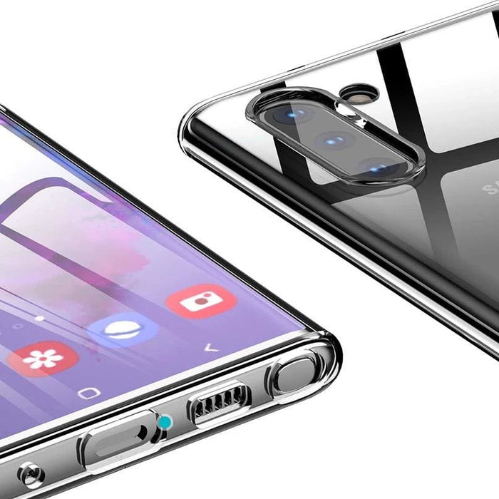 Clear silicone phone case for Samsung Galaxy Note 10 Plus by 9eight5, showing the sleek, transparent design with precise cutouts.