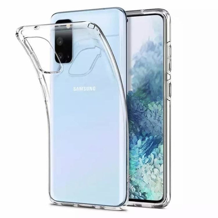 Clear silicone case for Samsung Galaxy S20 by 9eight5, showing a slim, transparent protective cover with precise cutouts.