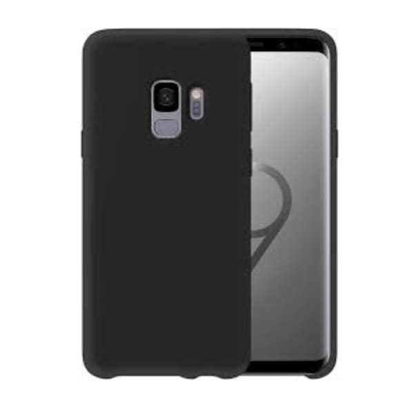Black silicone case for Samsung Galaxy S9 by 9eight5, showing a smooth, flexible protective phone cover with precise cutouts.