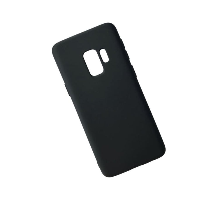 Black silicone case for Samsung Galaxy S9 by 9eight5, showing a close-up of the soft, flexible phone cover.