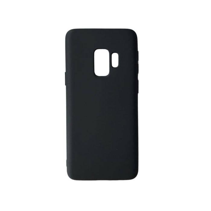 Black silicone phone case for Samsung Galaxy S9 by 9eight5, showcasing smooth flexible material and precise cutouts.