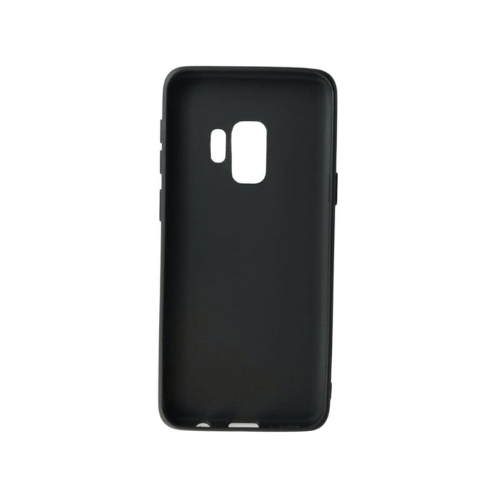 Black silicone case for Samsung Galaxy S9 by 9eight5, showing a snug fit and smooth texture on the phone.
