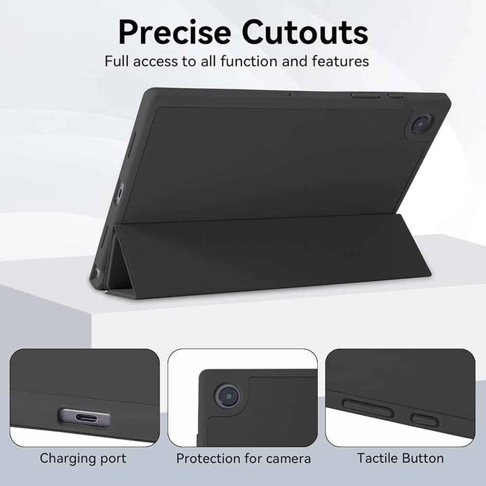 Black silicone cover for Samsung Galaxy Tab A8 10.5” (2021), X200/X205, made by 9eight5, shown fitted on the tablet.