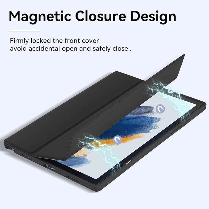 Black silicone cover for Samsung Galaxy Tab A8 10.5” (2021) tablet, designed by 9eight5, showing the snug fit and textured surface.