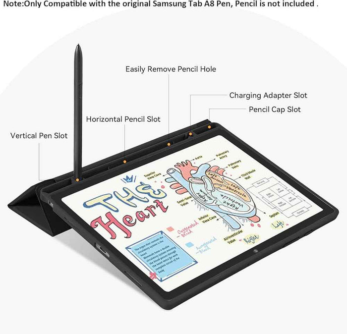 Black silicone cover for Samsung Galaxy Tab A8 10.5” (2021) tablet, made by 9eight5, shown on the device in the image.