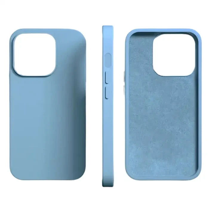Habicare 9eight5 silicone iPhone case for iPhone 6 to 15 series in light blue, red, and black, showcasing snug fit and smooth texture.