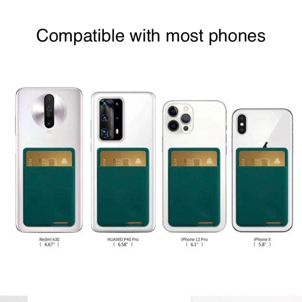 Silicone mobile phone card holder by 9eight5 attached to a smartphone, holding credit cards and IDs, flexible and durable accessory.