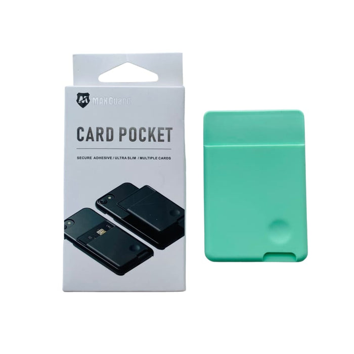 Mint green silicone mobile phone card holder, 9eight5 brand accessory attached to phone or tablet for convenient card storage.