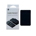 Black silicone mobile phone card holder from 9eight5 attached to a phone, designed for holding cards and IDs securely.
