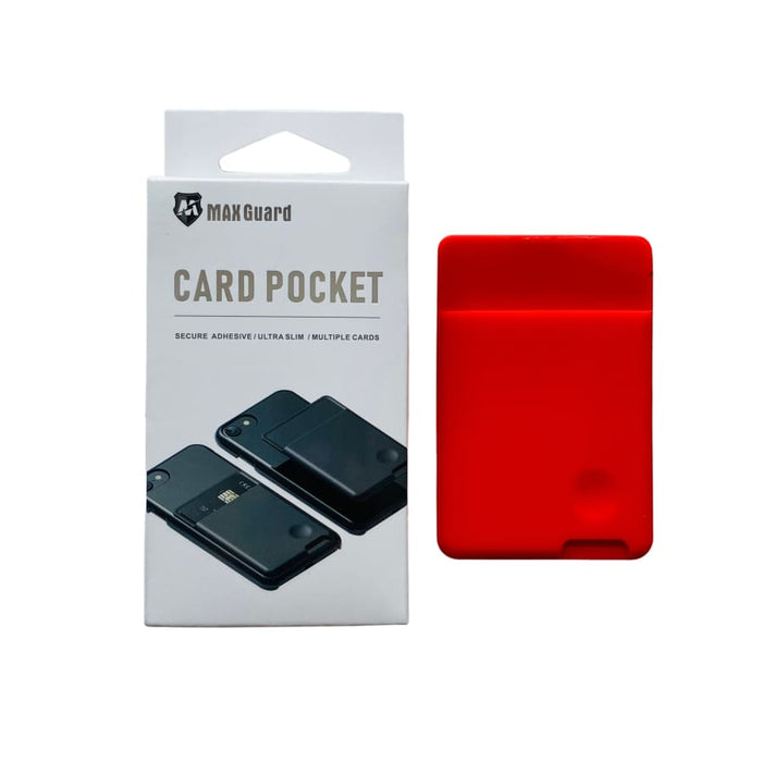 Red silicone mobile phone card holder attached to a phone, designed for 9eight5 phone and tablet accessories.