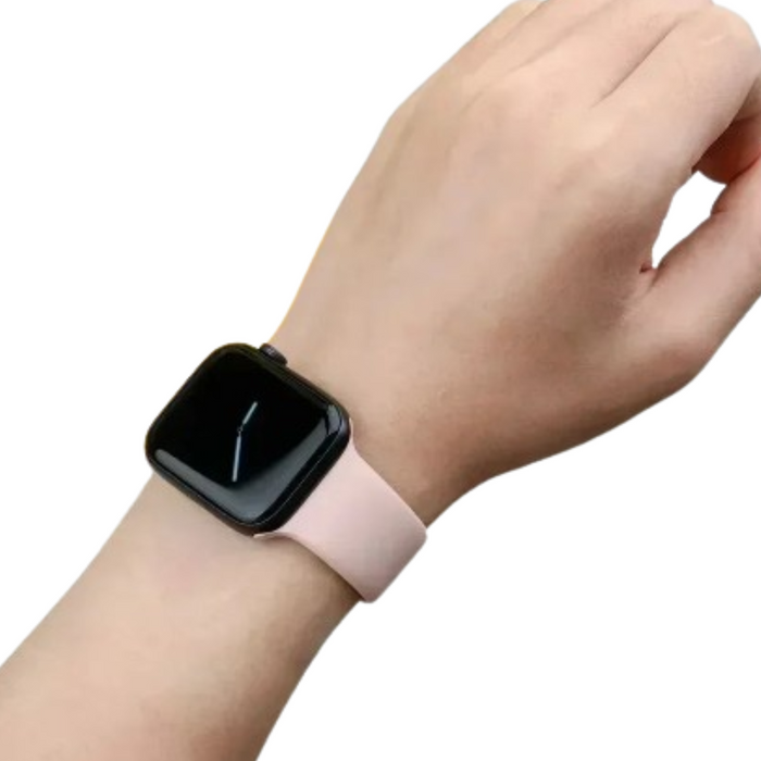 Habicare silicone sport band for Apple Watch Series 42mm-49mm, showing two color options with textured surface and adjustable strap.