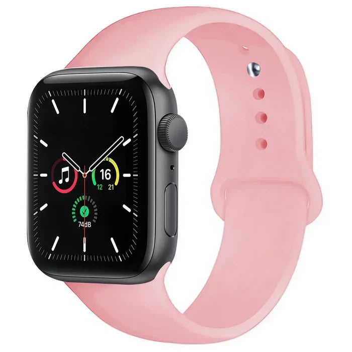 Habicare silicone sport band for Apple Watch Series 42mm-49mm, available in 45 colors, shown in a vibrant blue color.
