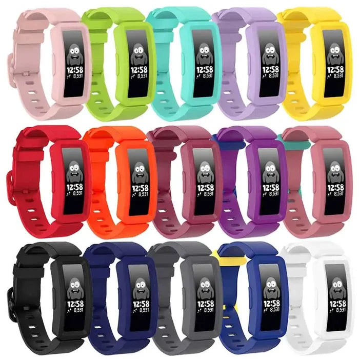 Habicare silicone strap for Fitbit Ace 2/3 and Inspire series, TWS, in various colors, shown in a close-up image.