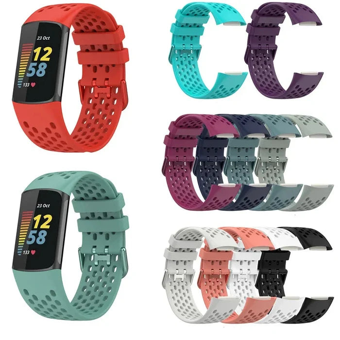 Habicare silicone strap for Fitbit Charge 5/6 series, TWS style, available in multiple colors, shown in a close-up image.