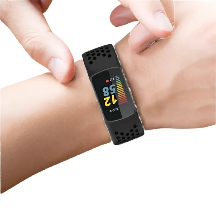 Habicare silicone strap for Fitbit Charge 5/6 series, TWS style, available in 12 vibrant colors, shown in a close-up image.