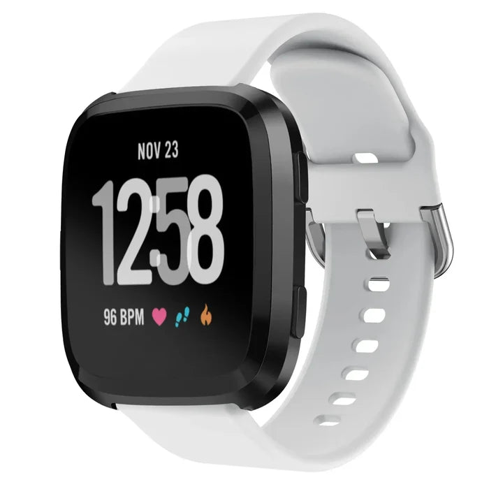 Habicare silicone strap for Fitbit Versa Lite, Versa, Versa 2, and Blaze in nine vibrant colors, shown on a smartwatch.