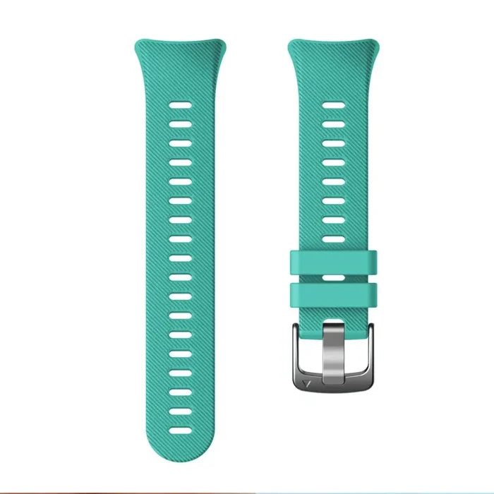 Habicare silicone strap for Garmin Swim 2 and Forerunner 45S, available in 15 colors, shown on a watch model.
