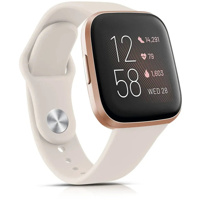 Habicare silicone watch band for Fitbit Versa 2 in various colors, shown in a close-up emphasizing flexible material and vibrant options.