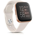 Habicare silicone watch band for Fitbit Versa 2 in various colors, shown in a close-up emphasizing flexible material and vibrant options.