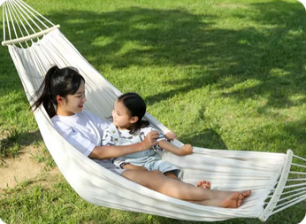 ECOTREK Single Reinforced Anti-Tip Hammock, durable fabric with reinforced edges, designed for outdoor relaxation.