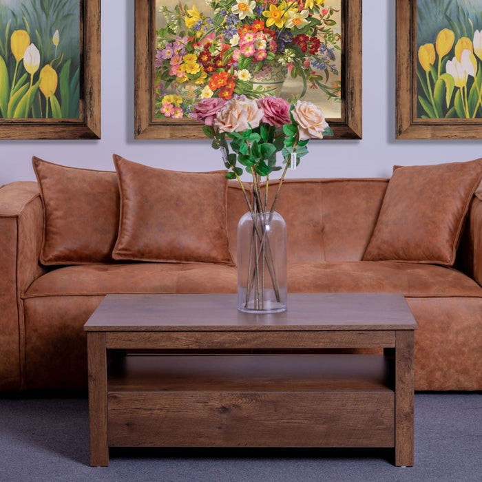 Walnut Sintra coffee table by sue-e furniture with two drawers, featuring a sleek modern design and natural wood finish.
