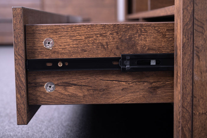 Walnut 'Sintra' coffee table by sue-e furniture with two drawers, showcasing a sleek wooden surface and modern design.