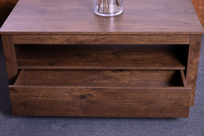 Walnut Sintra coffee table by sue-e furniture with two drawers, modern wooden design, and smooth surface.