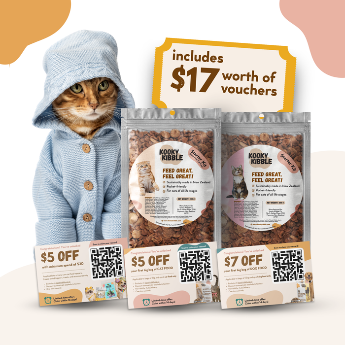 Kooky Kibble NZ Smart Hooman Trial Bundle with 200g cat food starter kit and sample packaging for cats.