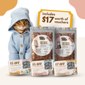 Kooky Kibble NZ Smart Hooman Trial Bundle with 200g cat food starter kit and sample packaging for cats.