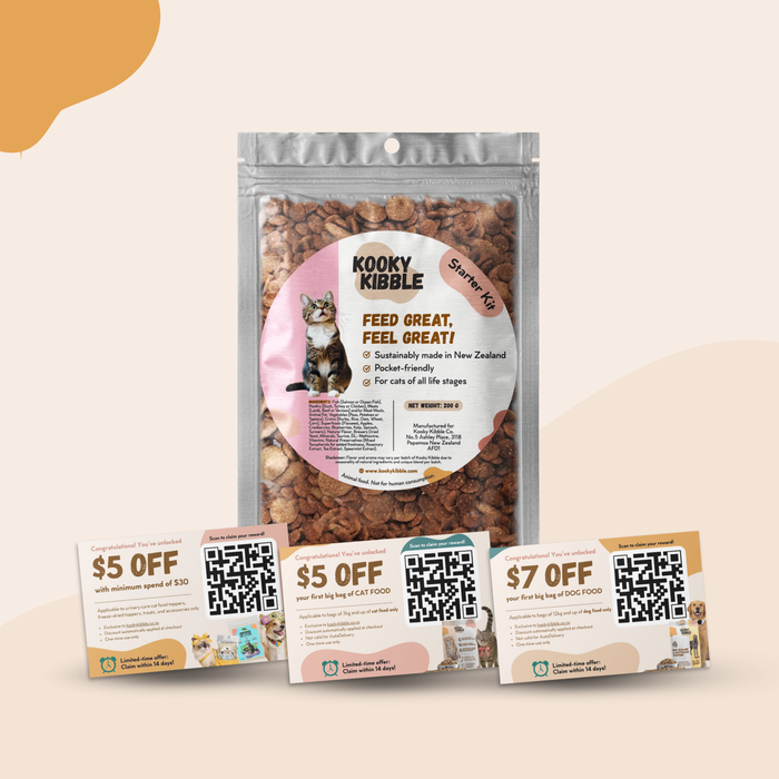 Kooky Kibble NZ Smart Hooman Trial Bundle cat food starter kit with 200g package and variety of cat food samples.