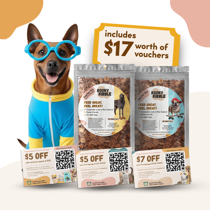 Kooky Kibble NZ Smart Hooman Dog Food Trial Bundle with 200g of premium dog food in a starter kit package