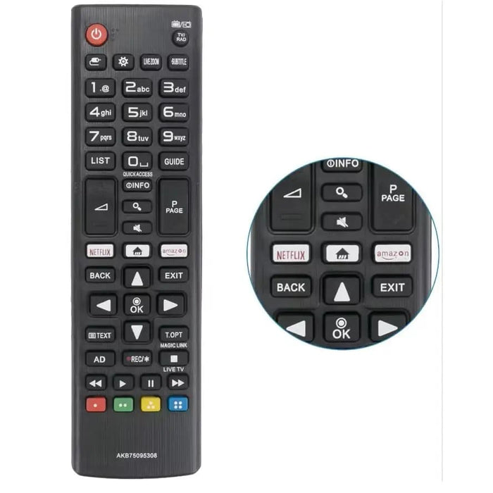 LG Smart TV remote by 9eight5, sleek black electronics remote control with buttons for LG TV operation.