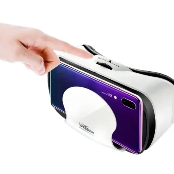 Habicare 9eight5 Smart VR headset with remote for phones, showing a sleek 3D virtual reality headset with adjustable straps.